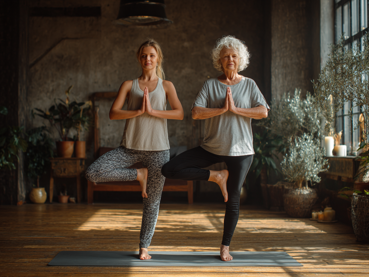 Досвідчений інструктор йоги працює з учнем зрілого віку в спокійній обстановці